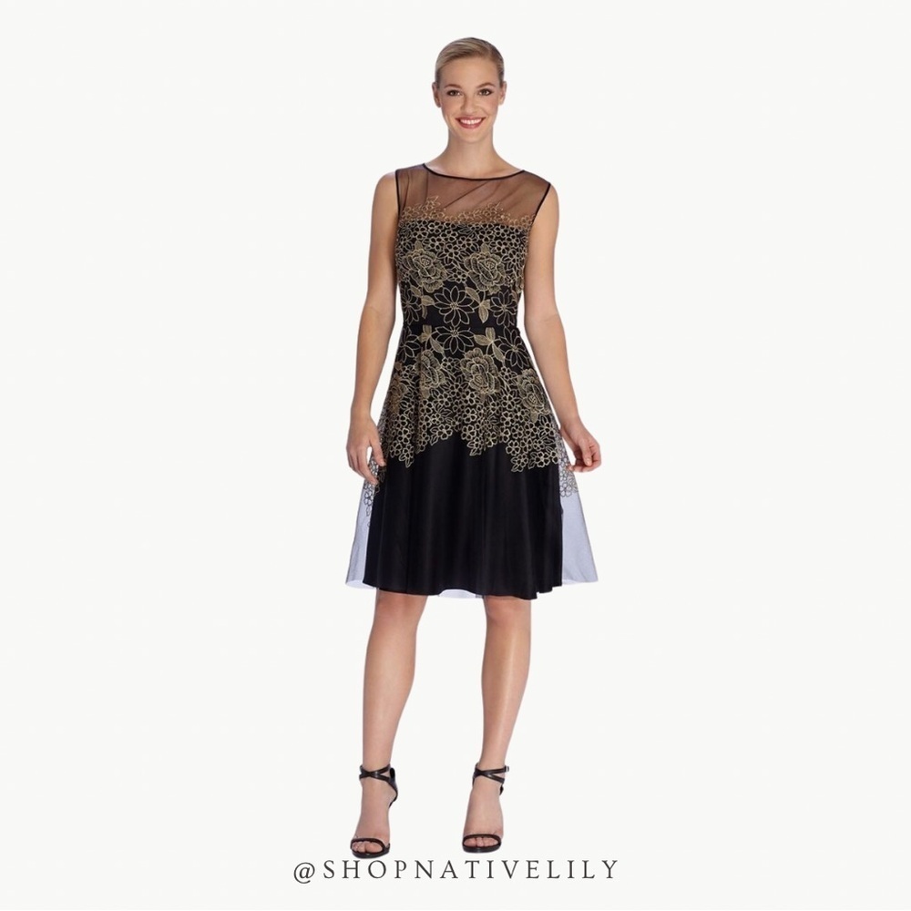Tahari Black & Gold Floral Mesh Cocktail Dress
